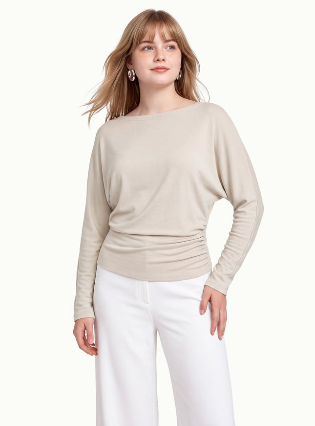 Slash Neck Batwing Sleeve Ruched Banded Hem Top