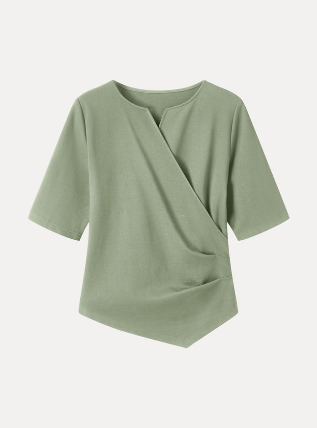 Ponte Surplice Elbow Sleeve Asymmetrical Hem Top