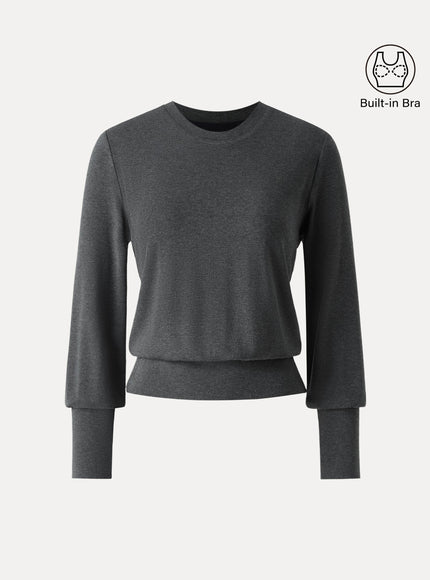 Elevated Crewneck Brushed Built-In Bra Top with Banded Hem