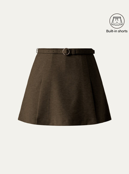 Viscose-Wool Blend High-Rise Belted A-Line Skort with Pockets
