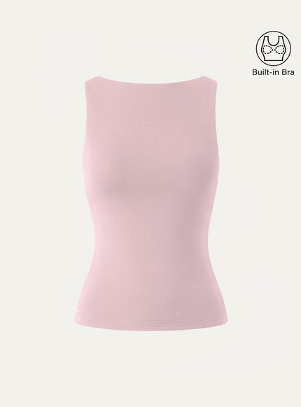 Stretch Cotton Boatneck Built-In Bra Tank