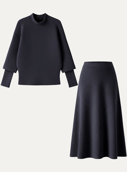 2Pcs Set Mockneck Sleeve-Warmer Top & Midi A-line Circle Skirt