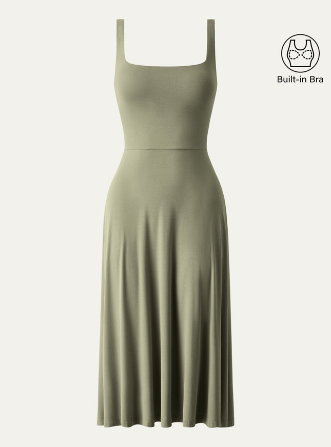 Square Neck Flowy New Airy Bra Midi Dress