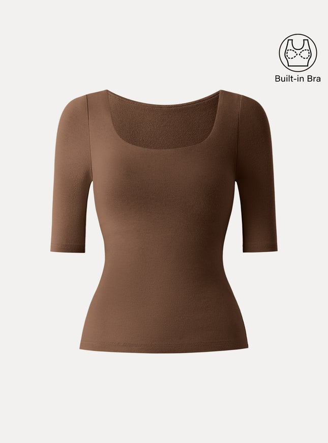 Essential Elbow Length Sleeve Square Neck Built-In Bra Tops