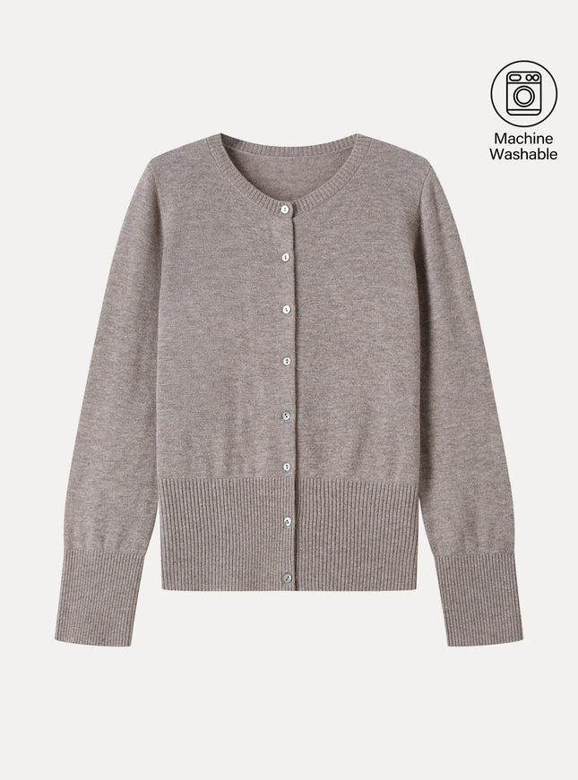 100% Merino Wool Crew Neck Long Sleeve Button-Front Cardigan