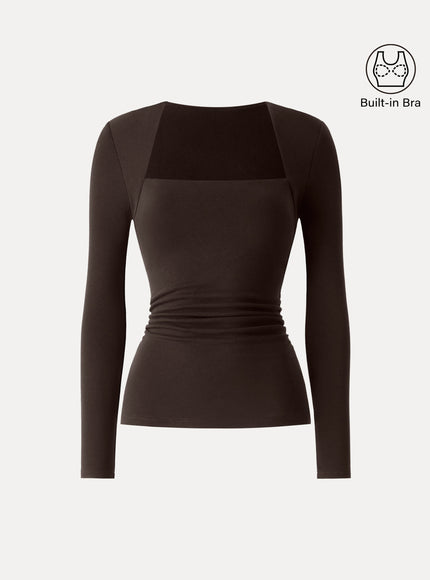 Trapeze Neck Long Sleeve Ruched Built-In Bra Top - Espresso Shut