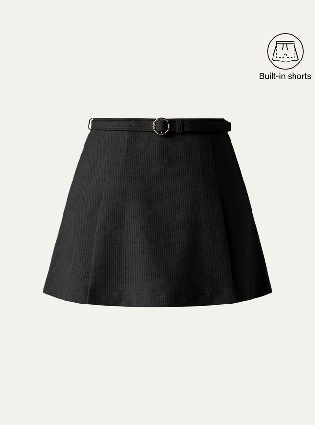 Viscose-Wool Blend High-Rise Belted A-Line Skort with Pockets