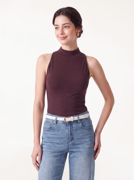 Lyocell-Wool Knit Mock Neck Built-In Bra Top