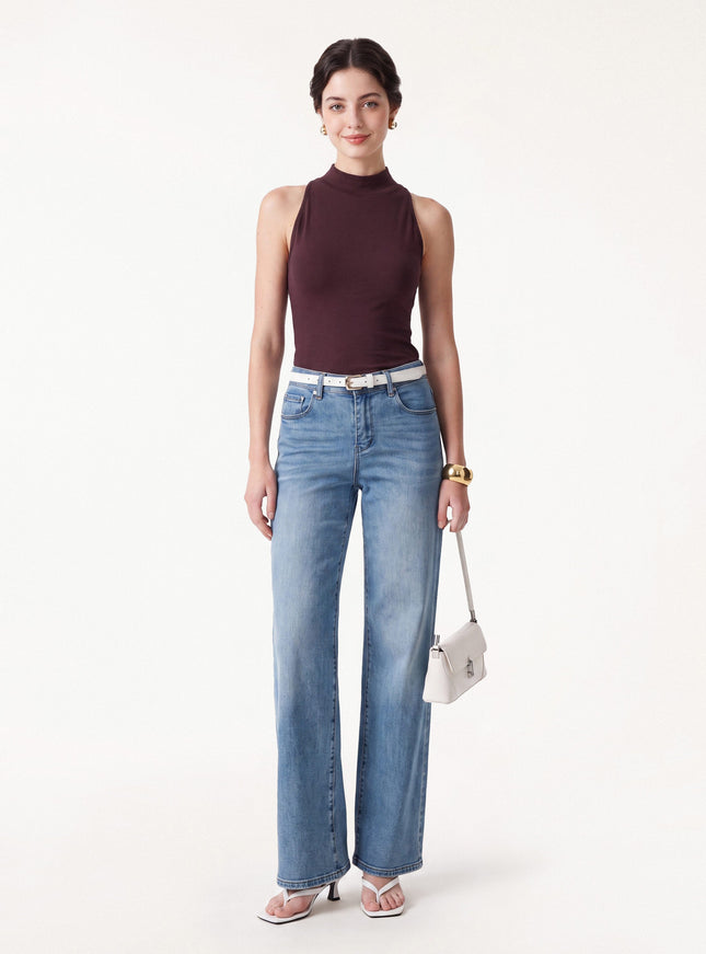 Lyocell-Wool Knit Mock Neck Built-In Bra Top