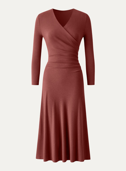 Surplice 3/4 Sleeve Side-Tuck Midi Dress