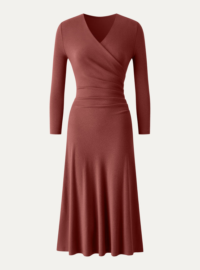 Surplice 3/4 Sleeve Side-Tuck Midi Dress