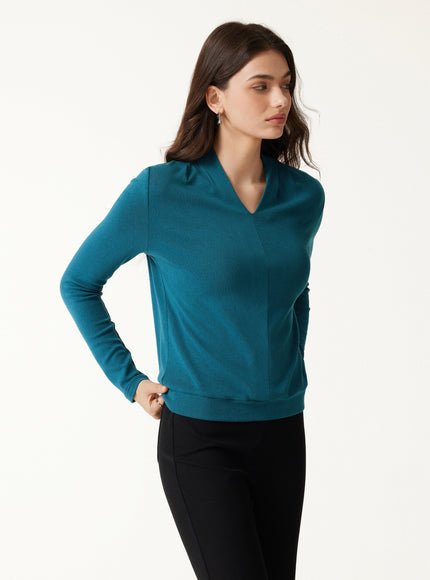 V-Neck Long Sleeve Tucked Shoulder Top