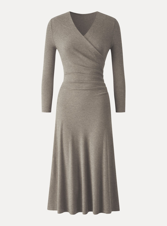 Surplice 3/4 Sleeve Side-Tuck Midi Dress