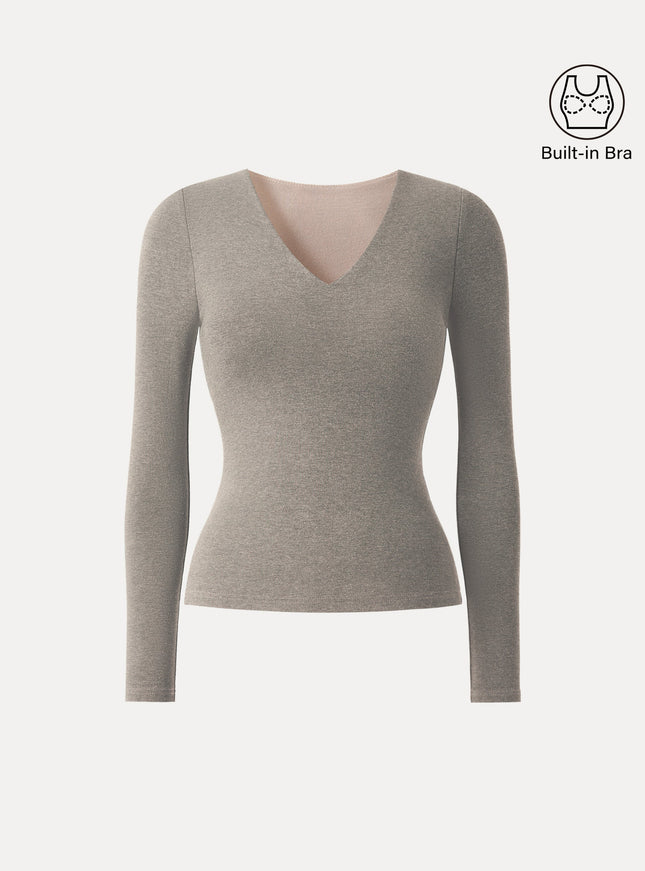 V-Neck Long Sleeve Built-In Bra Top