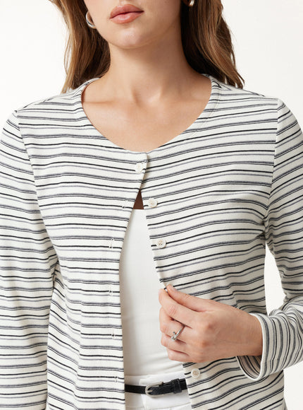 Stripe Round Neck Long Sleeve Button-Up Cardigan