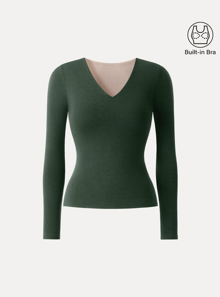 V-Neck Long Sleeve Built-In Bra Top