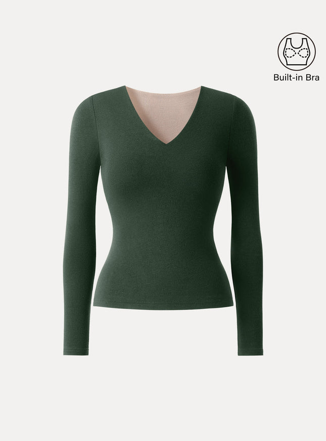 V-Neck Long Sleeve Built-In Bra Top