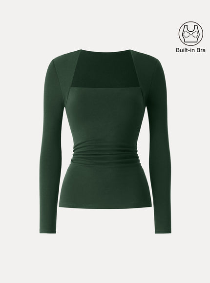 Trapeze Neck Long Sleeve Ruched Built-In Bra Top - Espresso Shut