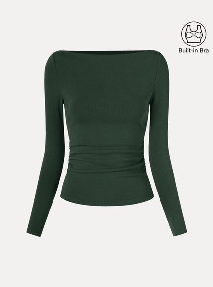 Modern Side Ruched Boatneck Built-In Bra Top