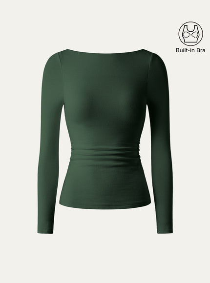 Boatneck Long Sleeve Open-Back Ruched Built-In Bra Top