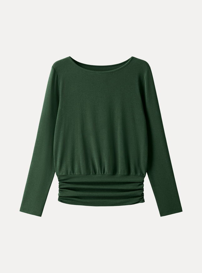 Boatneck Long Sleeve Ruched Banded Hem Top