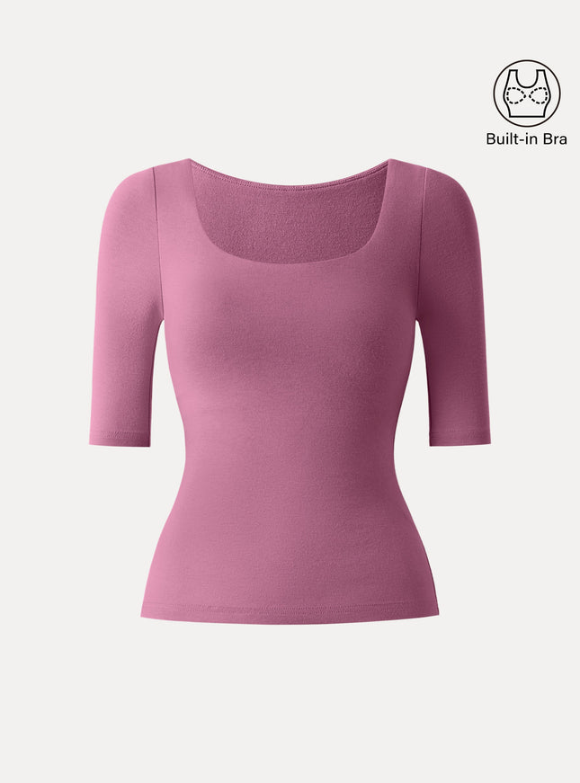 Essential Elbow Length Sleeve Square Neck Built-In Bra Tops