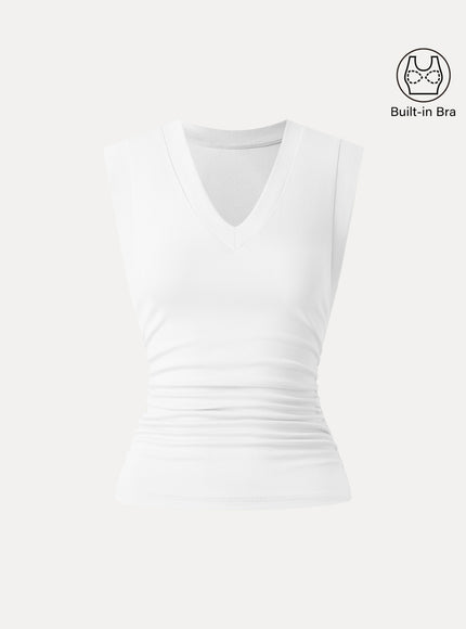 Stretch Cotton V-neck Side Ruched Muscle Built-In Bra Top