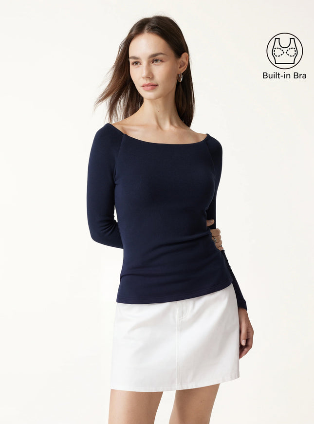Slash Neck Raglan Sleeve Built-In Bra Top