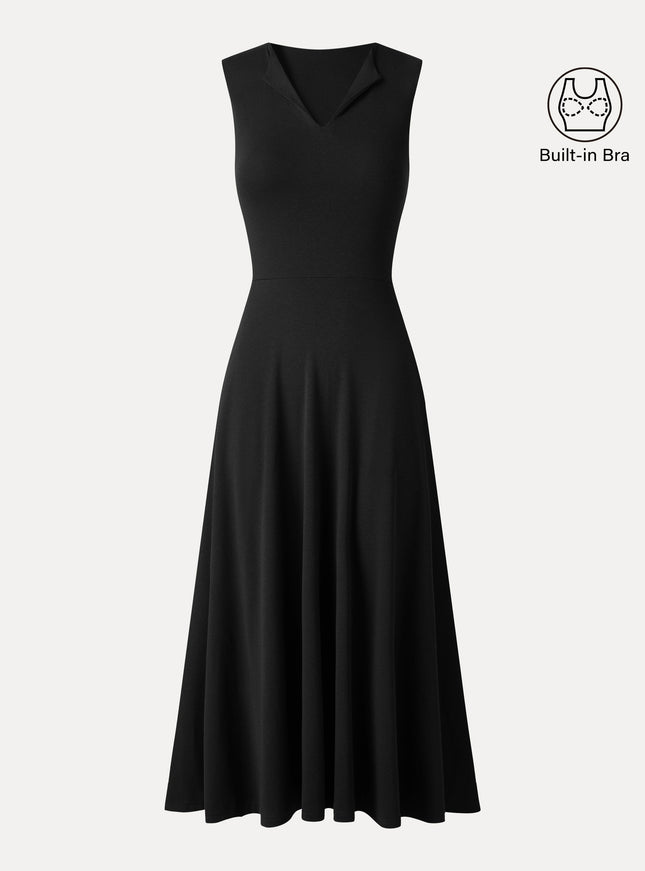 Ribbed Collared V-Neck Sleeveless A-Line Midi Built-In Bra Dress with Pockets