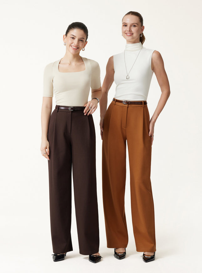 Crosshatch Ponte High-Rise Straight-Leg Tuck Pants with Pockets