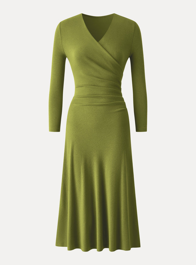 Surplice 3/4 Sleeve Side-Tuck Midi Dress