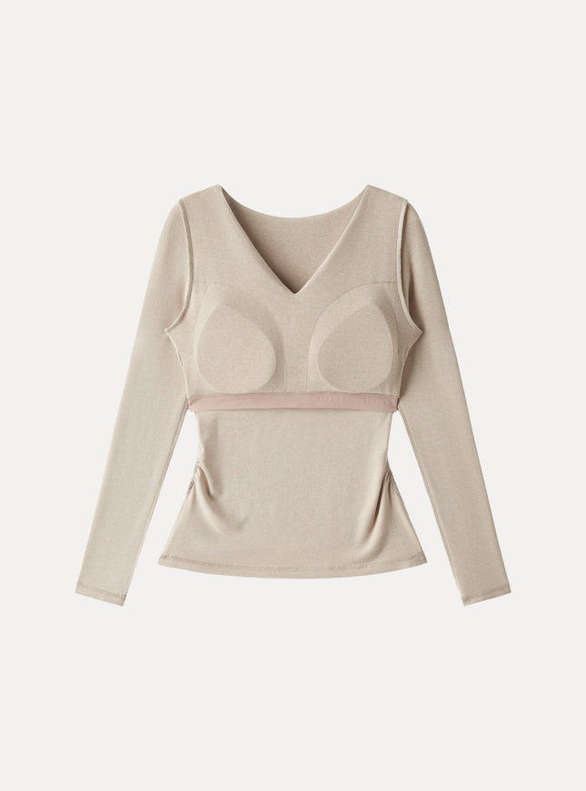 Flapped V-Neck Long Sleeve Ruched Built-In Bra Top