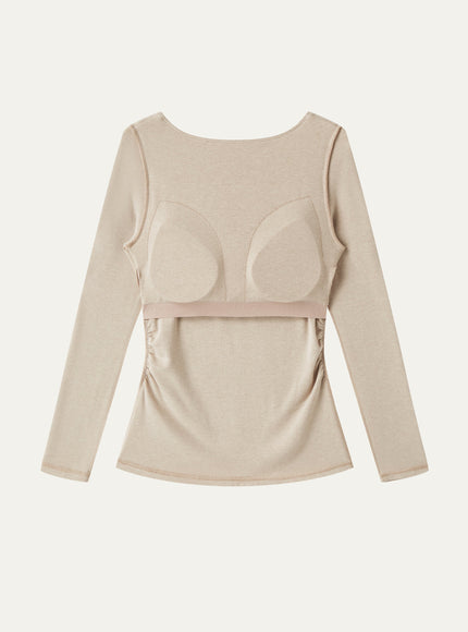 Boatneck Long Sleeve Open-Back Ruched Built-In Bra Top