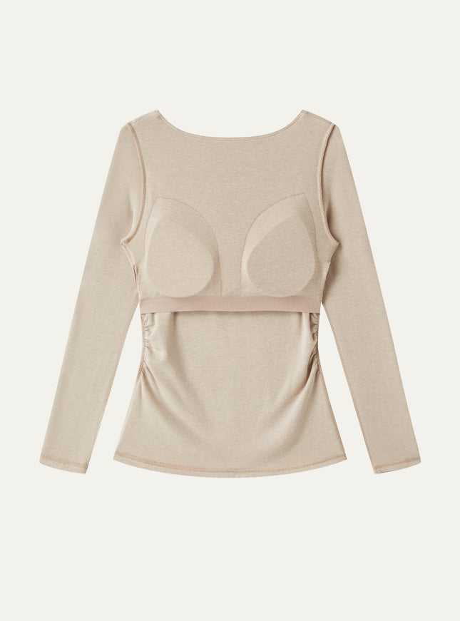 Boatneck Long Sleeve Open-Back Ruched Built-In Bra Top