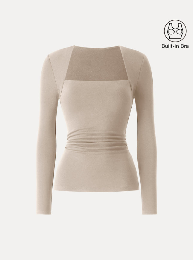 Trapeze Neck Long Sleeve Ruched Built-In Bra Top - Espresso Shut