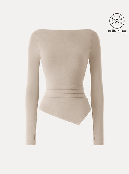 Boatneck Side Tucks Asymmetrical Built-In Bra Top