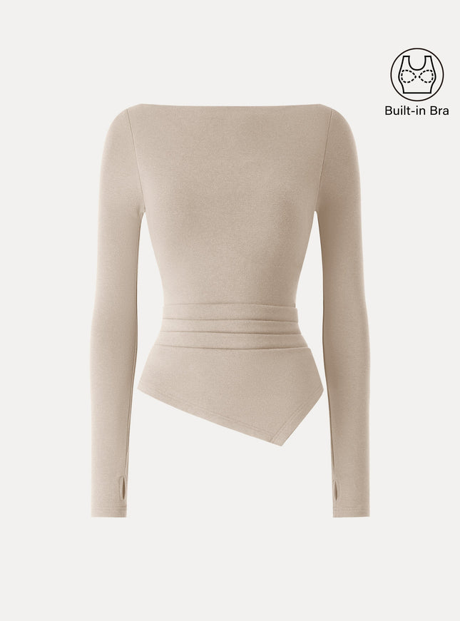 Boatneck Side Tucks Asymmetrical Built-In Bra Top