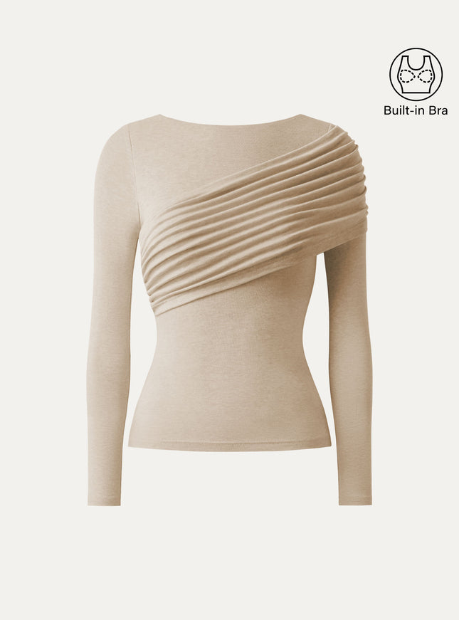 Boatneck Ruched Overlap Built-In Bra Top