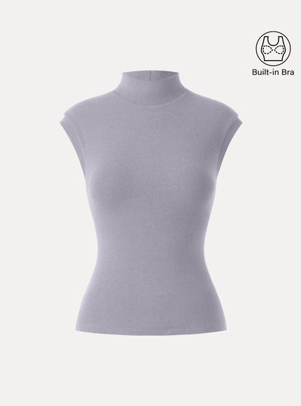 Stretch Cotton Mock Neck Cap Sleeve Built-In Bra Top