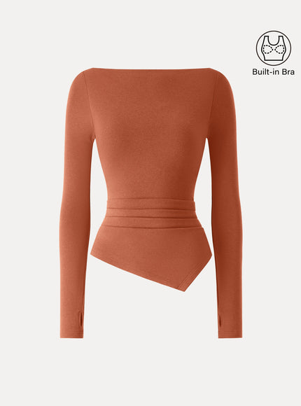 Boatneck Side Tucks Asymmetrical Built-In Bra Top