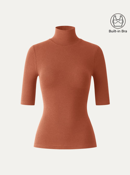 Essential Turtleneck Elbow Length Sleeve Built-In Bra Top - Midnight Navy