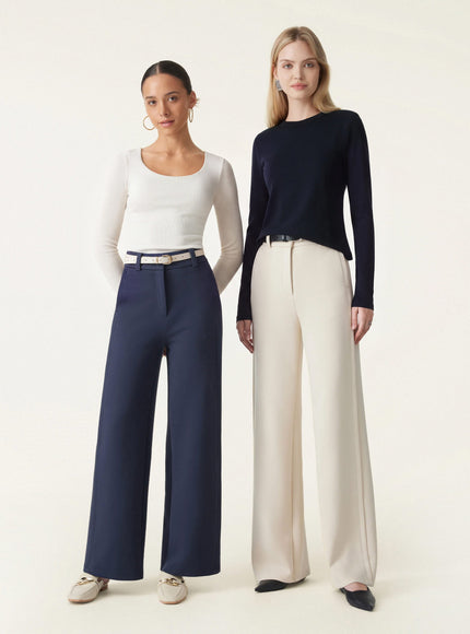 Stretchy Mid Rise Fly-Front Wide Leg Trouser