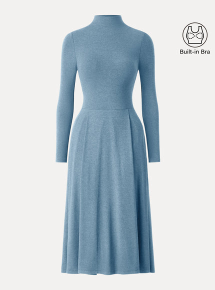 Mockneck Pleated Midi Built-In Bra Dress with Pockets