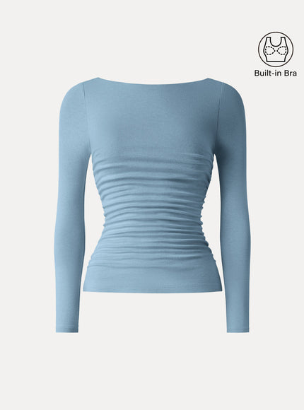 Boatneck Ruched Built-In Bra Top
