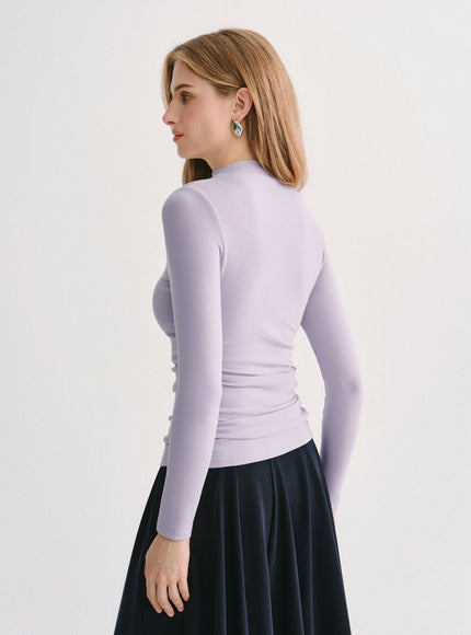 Mock Neck Long Sleeve Ruched Built-In Bra Top