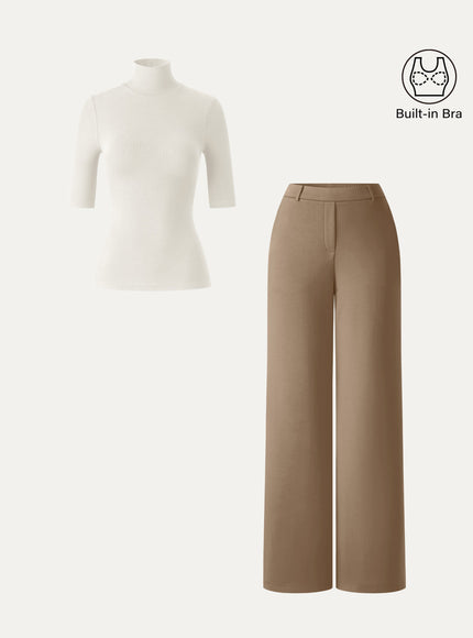 2Pcs Set Elbow Length Sleeve Built-In Bra Top & High-Rise Wide Leg Pants