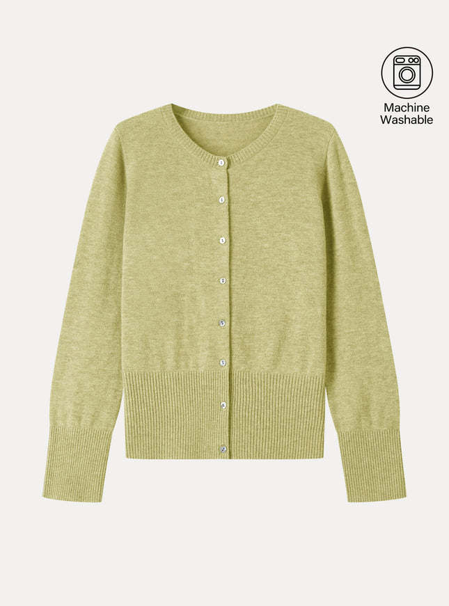 100% Merino Wool Crew Neck Long Sleeve Button-Front Cardigan