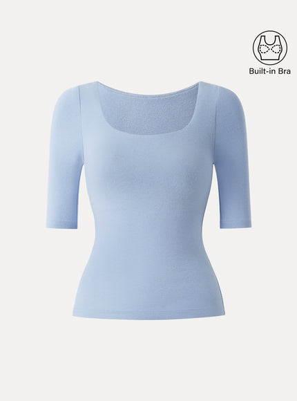 Essential Elbow Length Sleeve Square Neck Built-In Bra Tops
