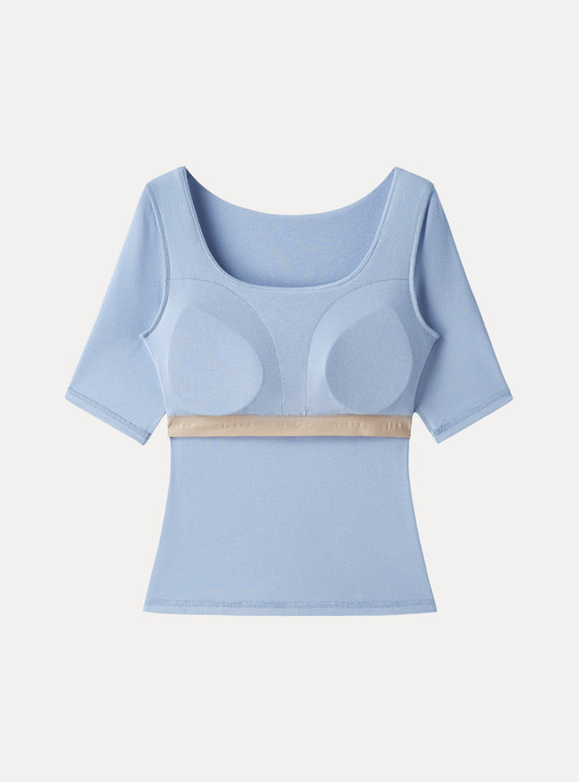 Essential Elbow Length Sleeve Square Neck Built-In Bra Tops
