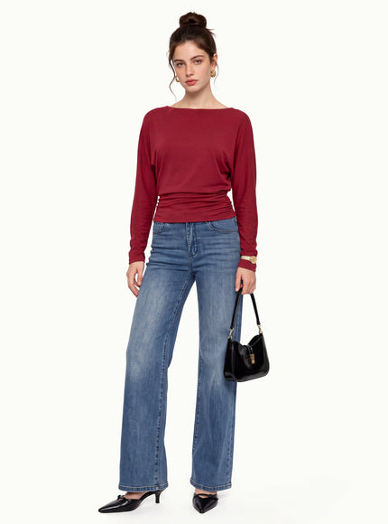 Slash Neck Batwing Sleeve Ruched Banded Hem Top